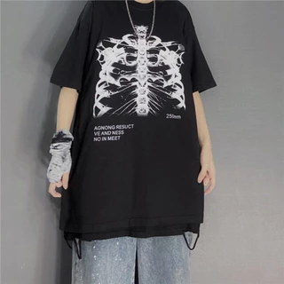 Camiseta Basica Camisa Skeleton Ossos Pulmao Gotico Rock Punk Harajuku Japanese Unissex Malha Premium