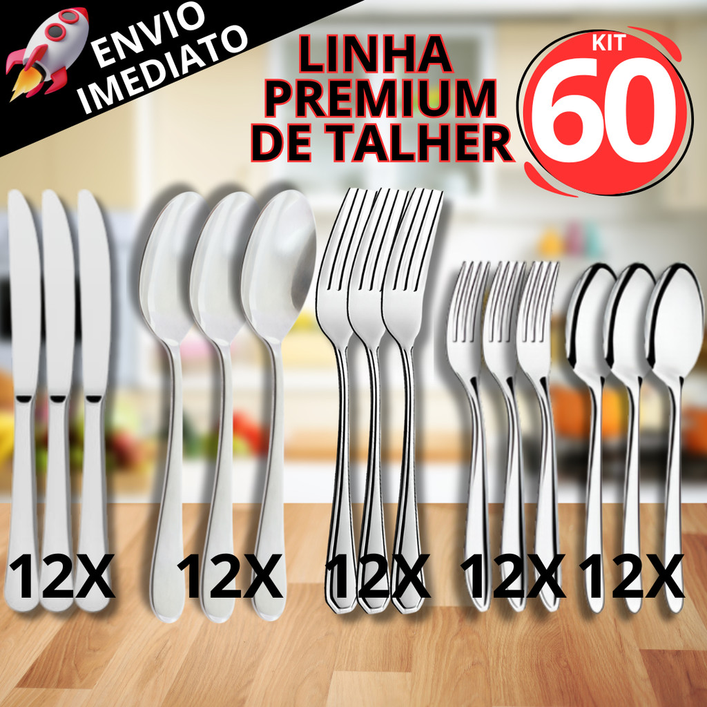 Kit 60 Talheres em Inox Premium Jogo Completo 12 Garfo 12 Faca 12 ...