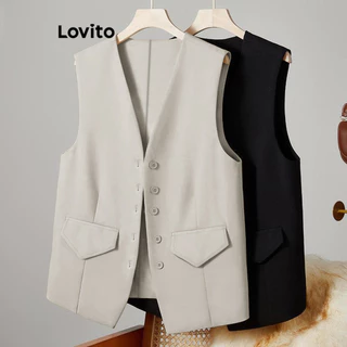 Lovito Regata feminina casual com botão liso na frente e ombro frio LNE52456