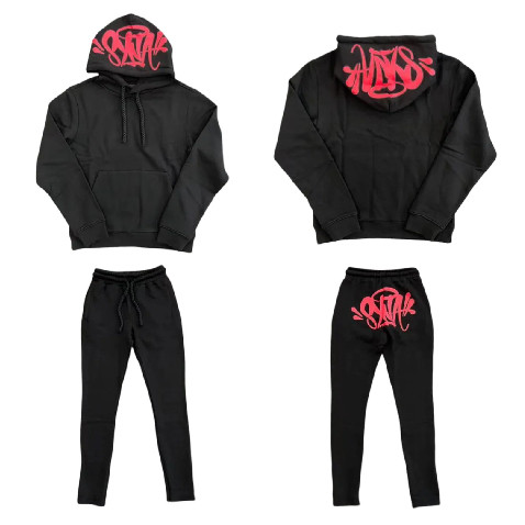Conjunto Moletom Preto e Vermelho Streetwear Syna World