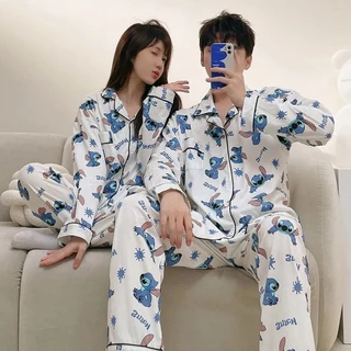Stitch Pijama Manga Longa Algodão Homens Mulheres Estilo Casal Terno