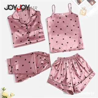 Conjunto de Pijama de Seda Feminino 4 Peças – Roupa de Dormir Sexy com Camisa de Manga Longa, Shorts, Calça e Camiseta em Oferta na Shopee