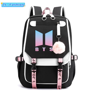 Mochila Feminina Com Interface USB Para Estudantes BTS Usa Tecido Oxford Respirável Casual À Prova D