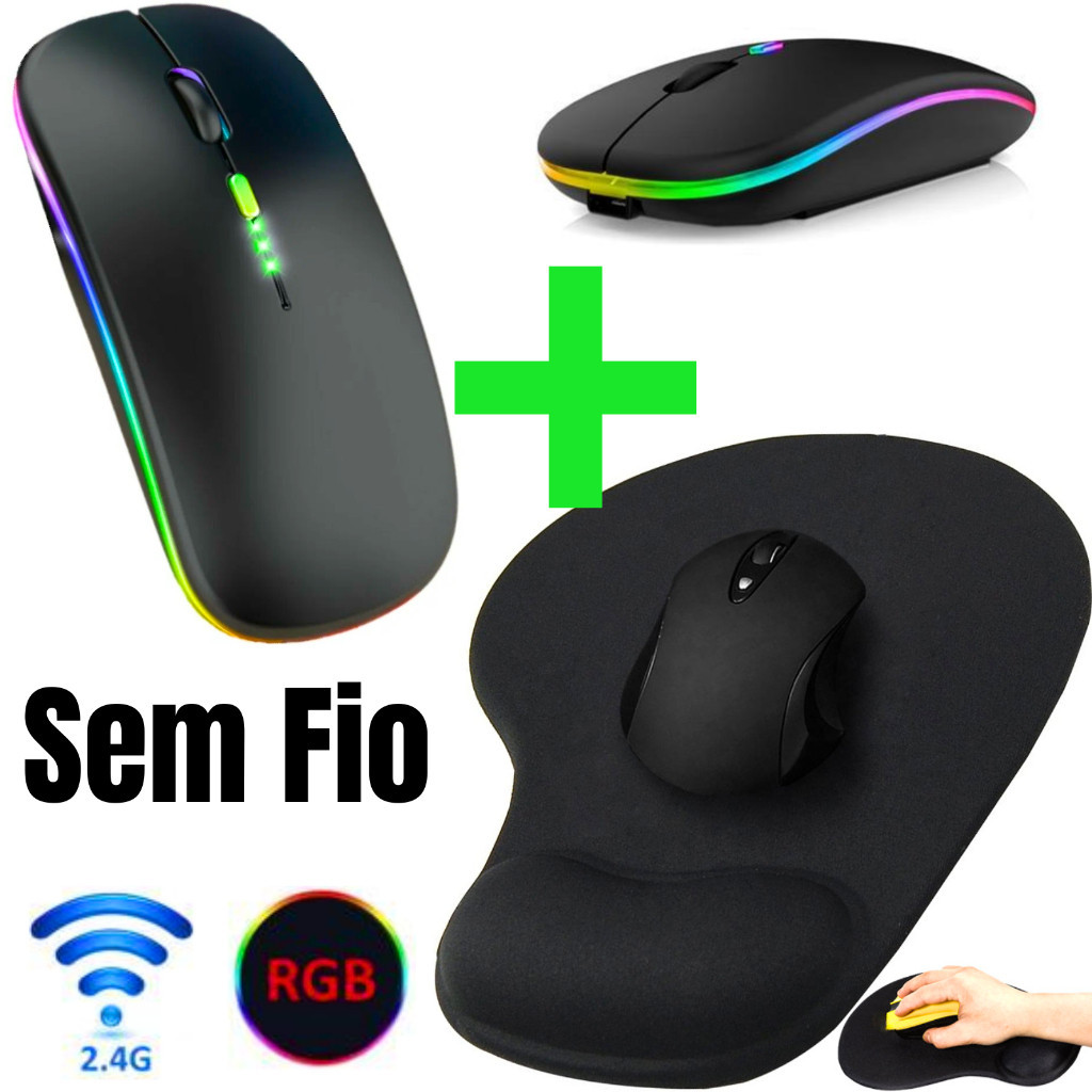 Kit Mouse Sem Fio 2,4 Ghz Led RGB Home Office Ergonômico Silencioso+ ...