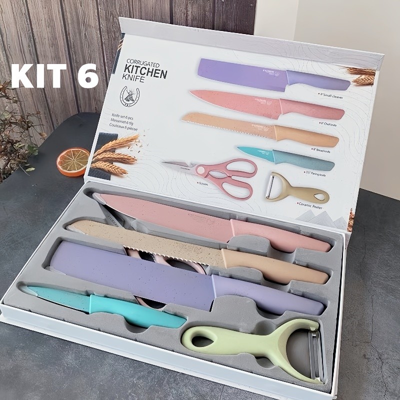 Kit de Conjunto Facas Coloridas Tesoura Descascador Cozinha Gourmet 6 Peças