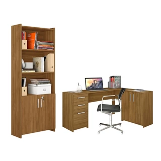 Conjunto Para Escritório 2 Peças com Mesa de Canto em L e Armário Notável Móveis
