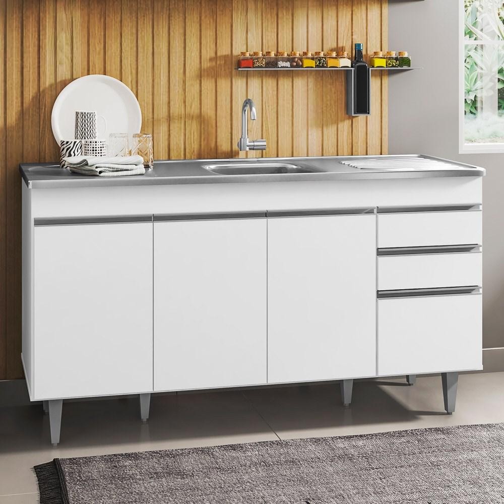 Balcão Gabinete com Pia Inox 150cm 4 Portas 2 Gavetas Marrocos Branco - Lumil