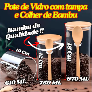 Pote De Vidro Hermético Com Tampa E Colher De Bambu Redondo Organizador Multiuso De Cozinha em Oferta na Shopee
