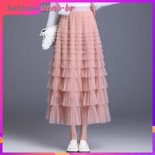 Outono estilo coreano malha Puffy bolo saia longa elegante Vintage elástico cintura alta gaze de tule batedor QT1989 669