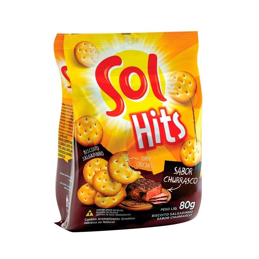 Biscoito Salgadinho Hits Sol Churrasco 80g - Embalagem c/ 24 Unidades