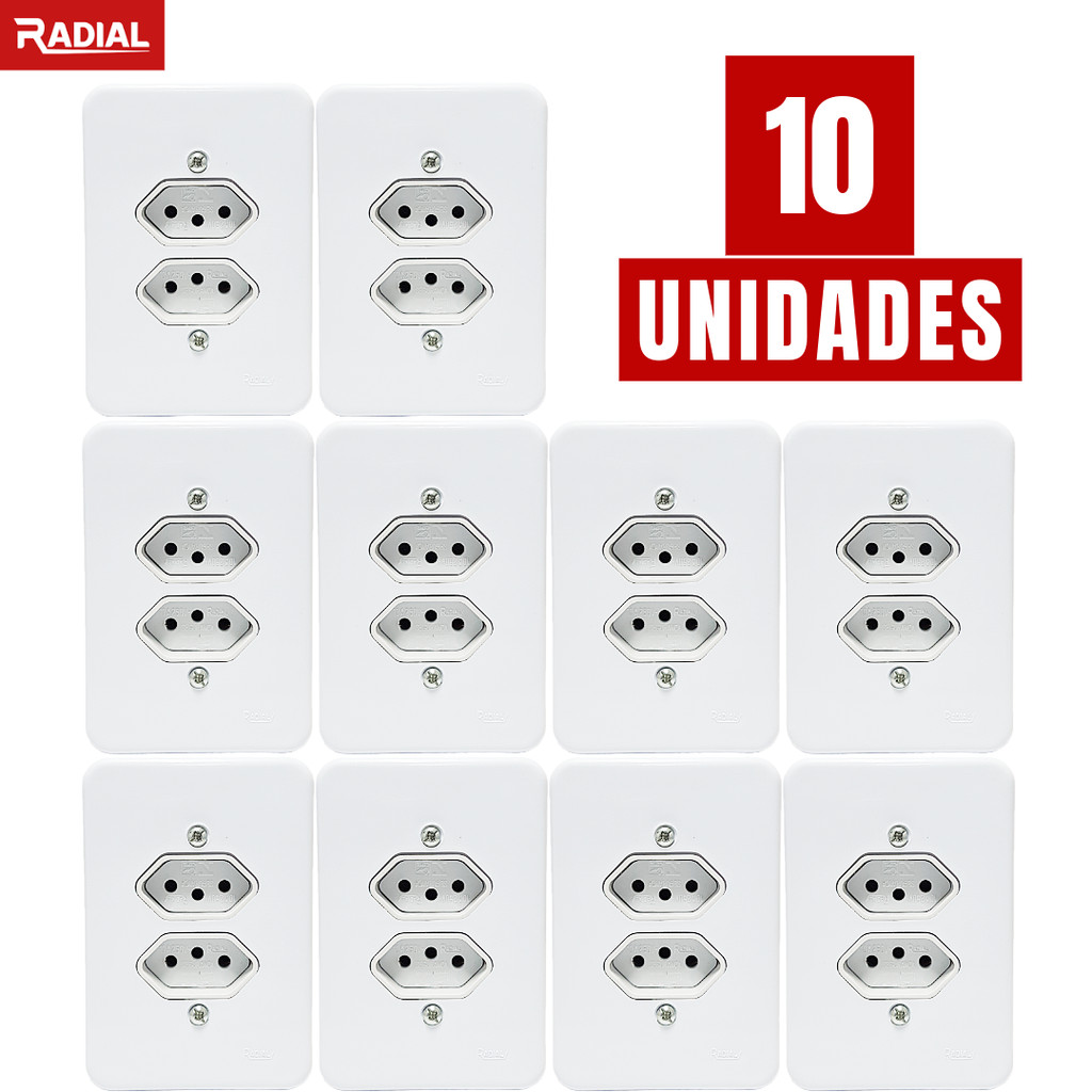 Kit 10un Tomada Dupla 10A Simples Completa Bivolt Branca