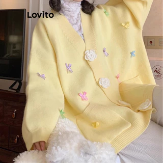 Lovito Cardigãs fofos de flores com padrão liso para mulheres LNA77624