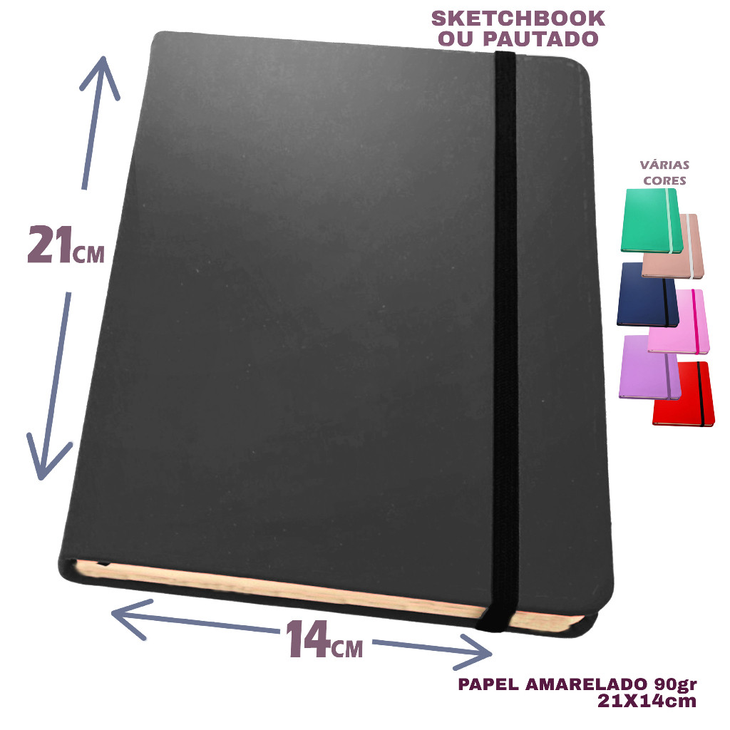 Caderno sketchbook para desenho 21x14 várias cores folhas amareladas 90g