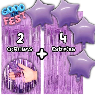 Kit 2 Cortinas Metalizada + 4 Balões Estrelas, LÍLAS Kit Decoração, Festa, Comemoração, Adereços, 13 Cores