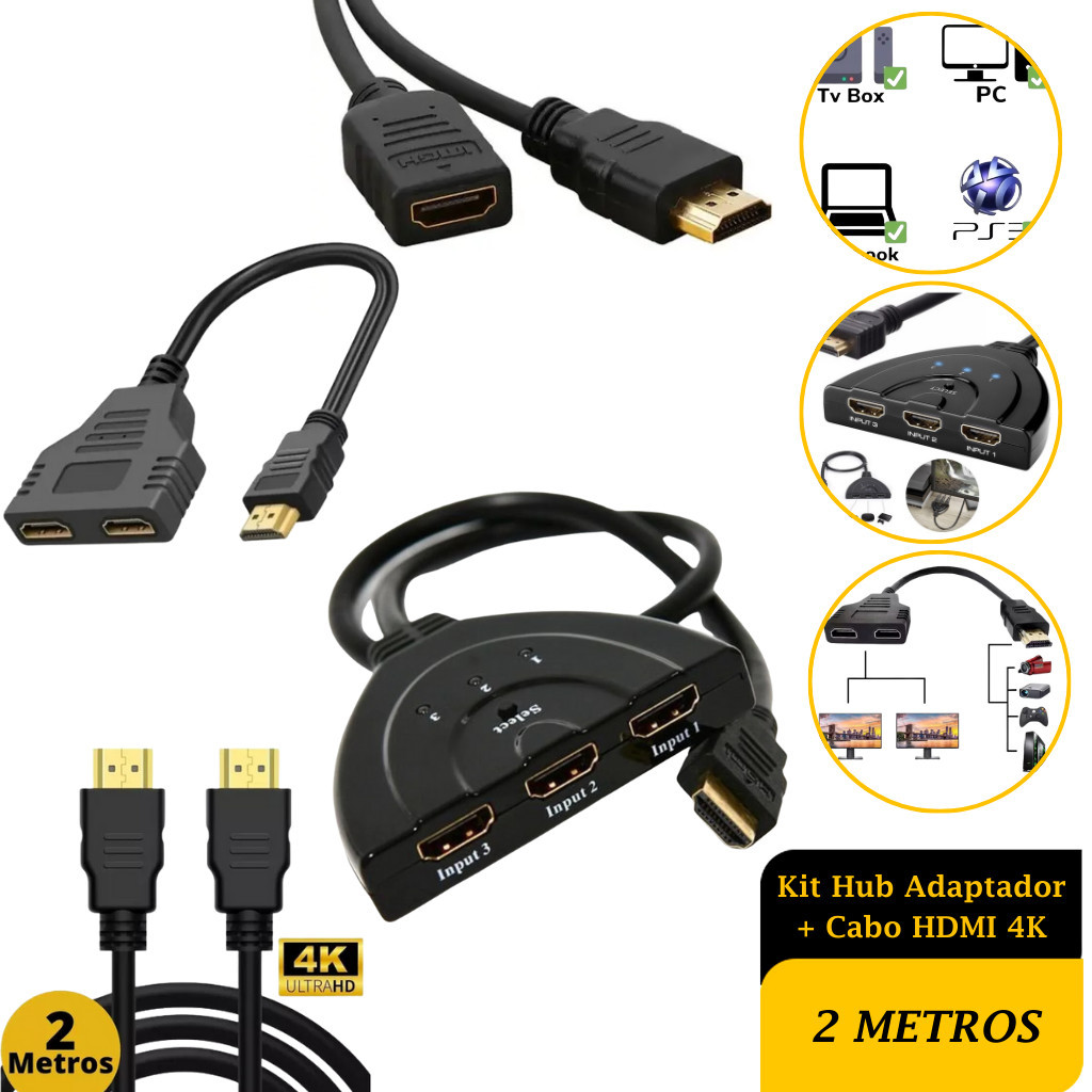 Hub Adaptador Hdmi Switch HDTV 1080p Full HD + Cabo HDMI 4K 2 Metros ...