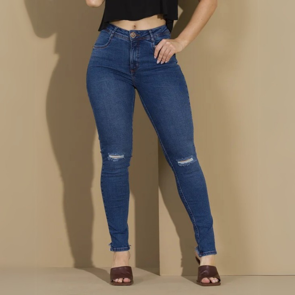 Calça Feminina Jeans Cigarrete Rasgada Modeladora Cintura Alta