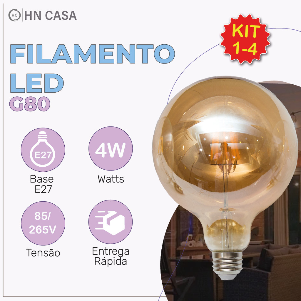 Lâmpada Filamento LED G80 4W E27 LUZ QUENTE (AMARELO) Âmbar Retrô Vintage 110V~220V | Bivolt