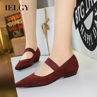 IELGY Versão Coreana Retro Simples E Versátil Salto Baixo Cunha Rasa Ponta Camurça Elástica Sapatos Únicos Femininos