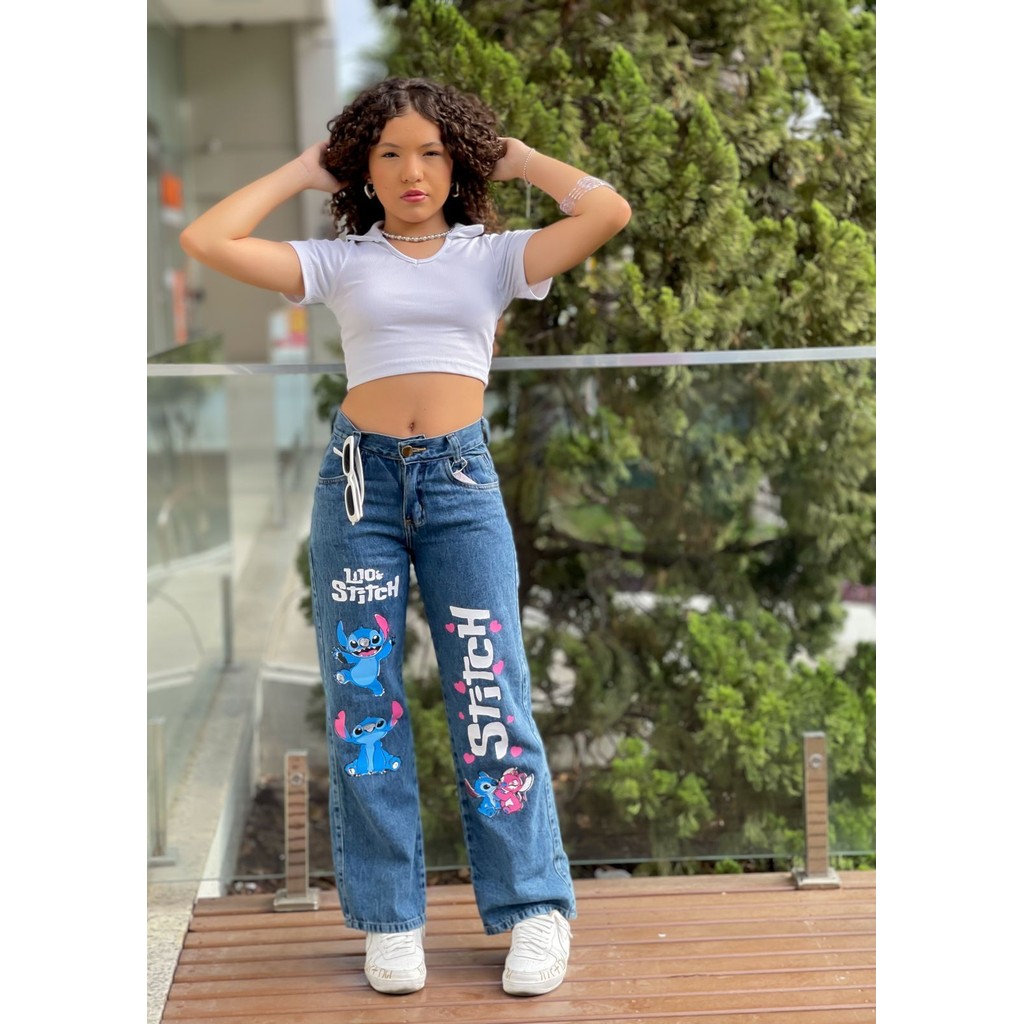 calça jeans wide leg juvenil estampada Stitch 10 ao 16 | Shopee Brasil