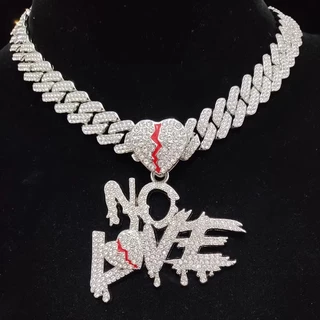 Novo Corrente Cravejada Colar Carta Hip Hop NO LOVE Heartbreak Pingente Personalidade Ice Colar Cubano Jóias Masculinas