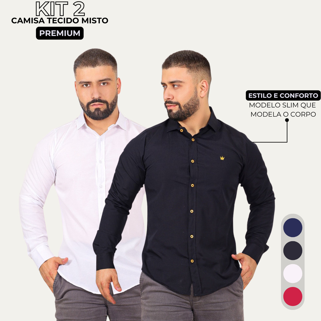 Kit 2 Camisa Manga Longa Masculina Slim Tecido Misto Premium