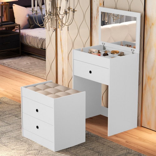 Penteadeira Cômoda com Banqueta Estofada Multiuso 3 Gavetas Maquiagem Moderna Decorativa Espelho