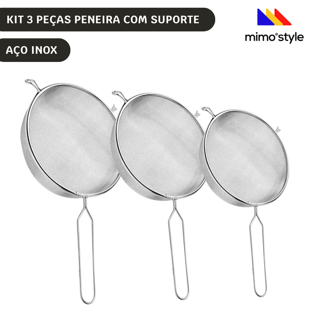 Kit c/3 Unid Peneira Aço Inox Com Suporte 18cm 21cm e 24cm M