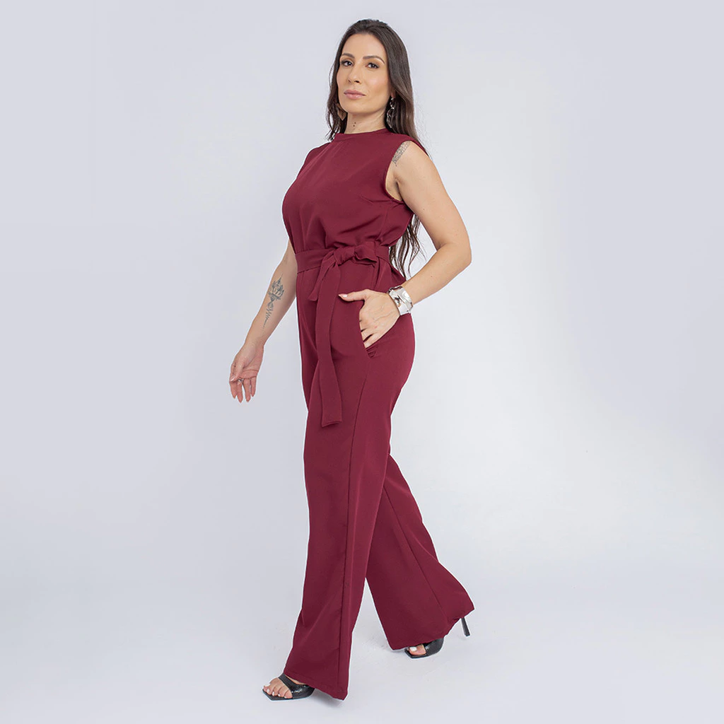 Macacão Alfaiataria Feminino Regata Gola Alta Social Cinto Premium Elegante Pantalona