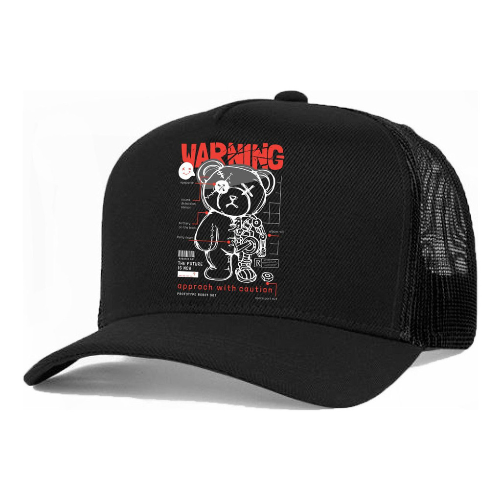 Boné Trucker Preto Liso Redinha Urso Warning Aba Curva
