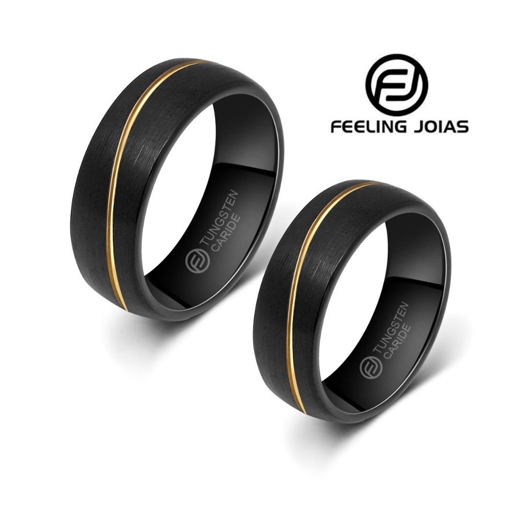 Aliança De Tungstênio Preta C Om Listra Curva Dourada 8mm (FJ18-8)