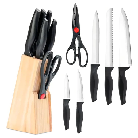 Kit jogo 7 peças - Facas aço inox com suporte cepo de madeira + tesoura cozinha gourmet luxo