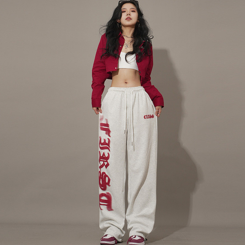 Calça Esportiva hip-hop Cinza Feminina 2023 Perna Larga Solta De ...