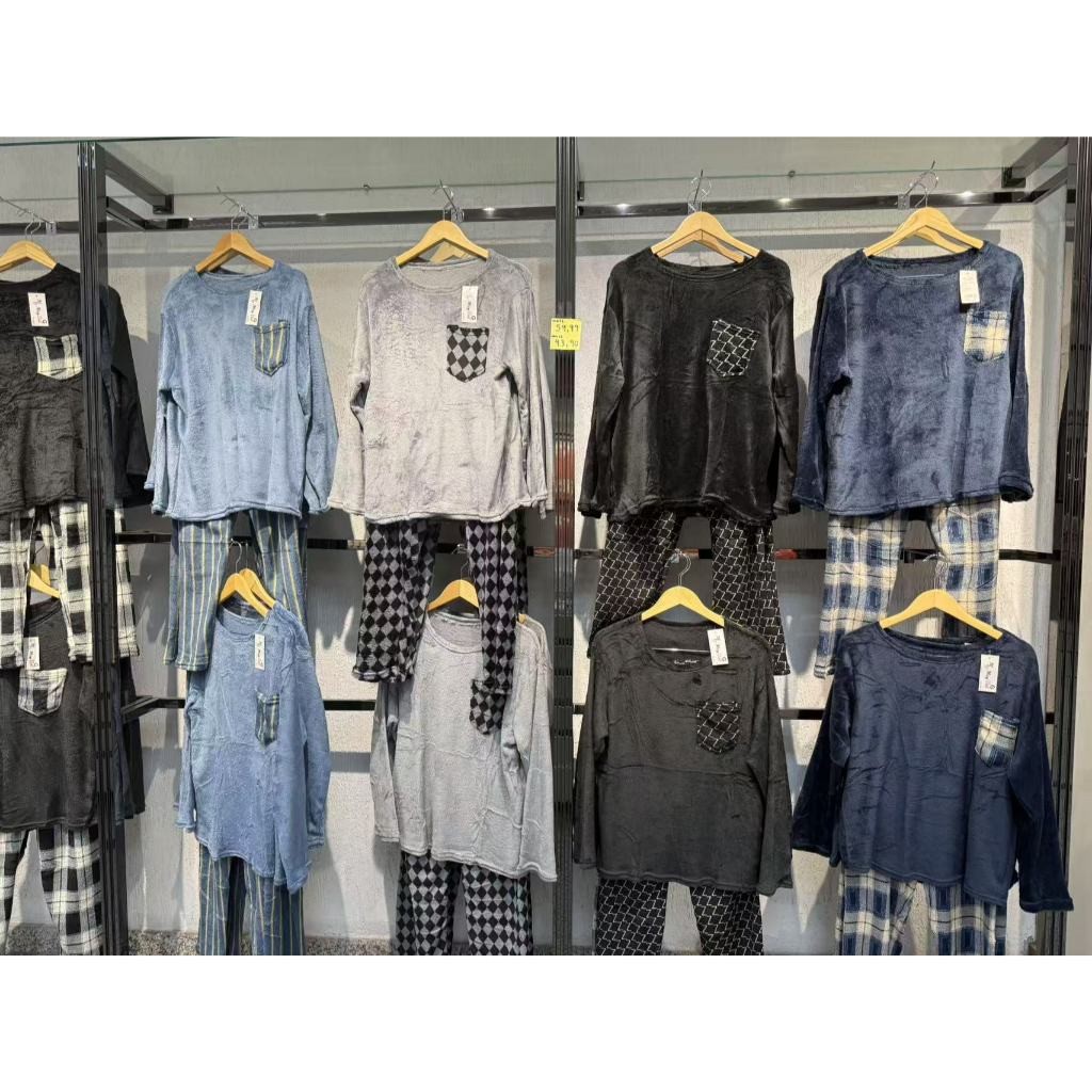 conjunto pijamas masculino outono inverno quente flanela grosso velo Coral velo em Oferta na Shopee