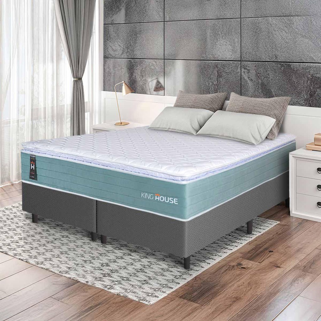 Conjunto Box Cinza Lagos Verde Molas Ensacadas King 193x203x66 - King House