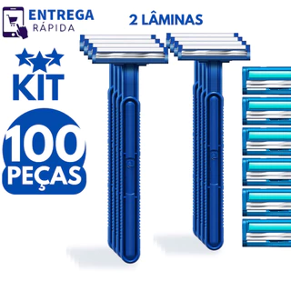 Kit 100 Barbeador Aparelho de Babear com 2 Lâminas Descatável Azul com Fita Lubrificante acima da Navalha Escolha o Kit