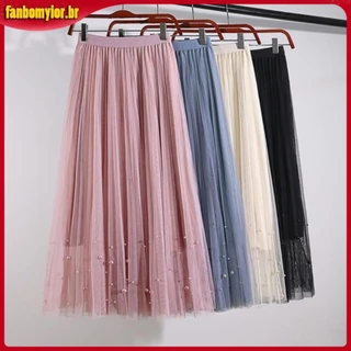 VmewSher Saia Em Tule Vintage Elástica De Cintura Alta Linha A Pregueada Pérolas Longas Tutu Mid Calf 2023