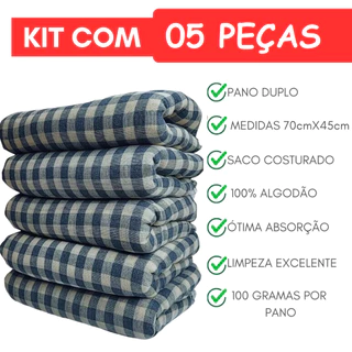 PANO DE CHÃO XADREZ AZUL 5 PANOS LAMATEX GIGANTE 45X70 PRATA PREMIUM