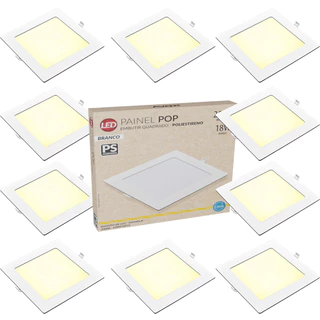 Kit 10 Painel Plafon Quadrado Embutir 18W Luz Amarela 3000K Luminária de Gesso Forro Avant