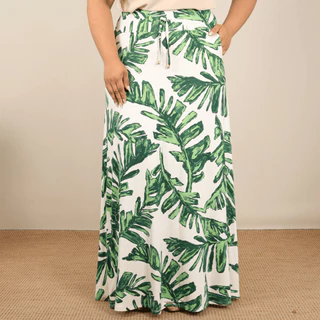 Saia Longa Estampada Plus Size Feminina Malha Cintura Alta Moda Evangélica