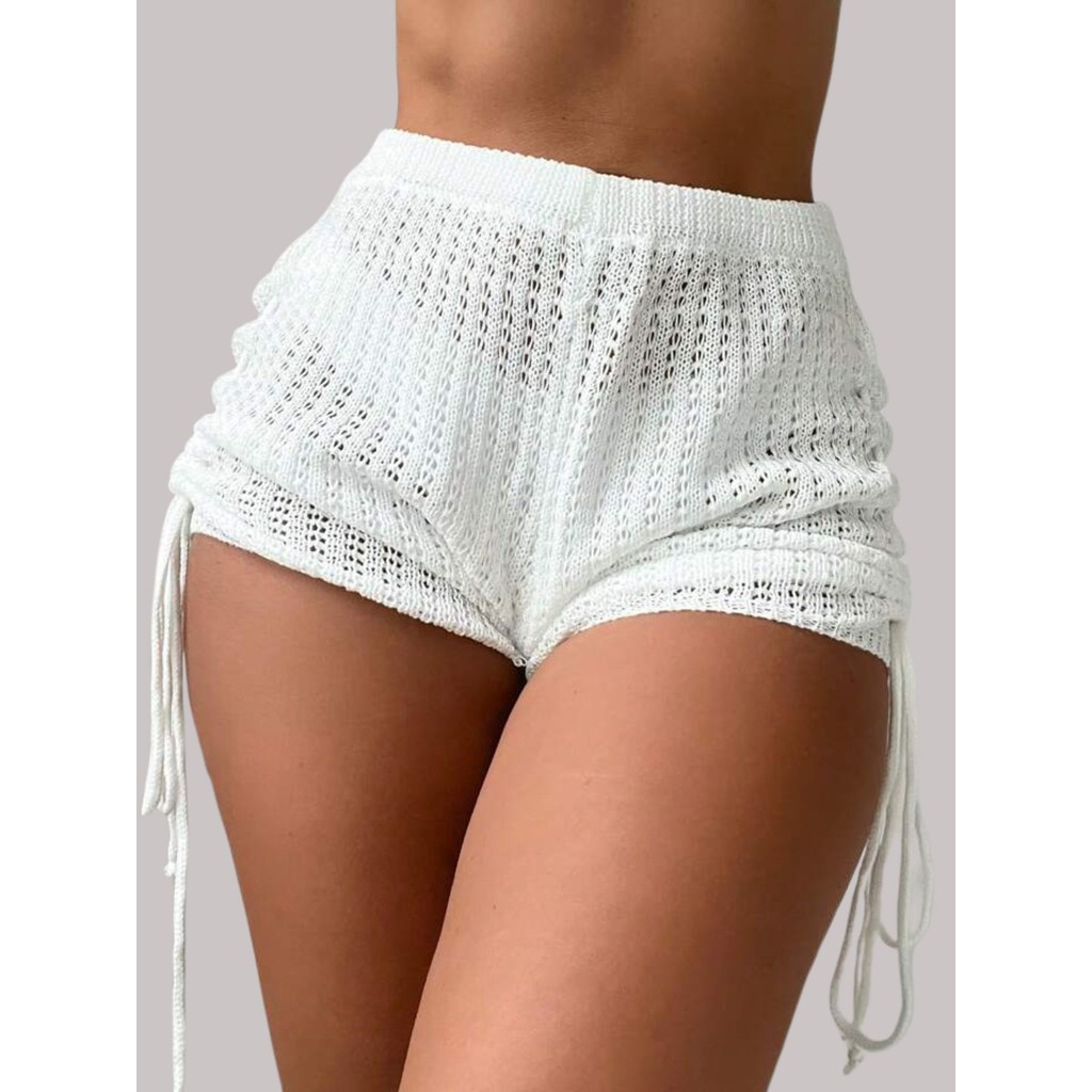 Short Saída de Praia Tricot Cós alto Crochê ajustável na lateral ...