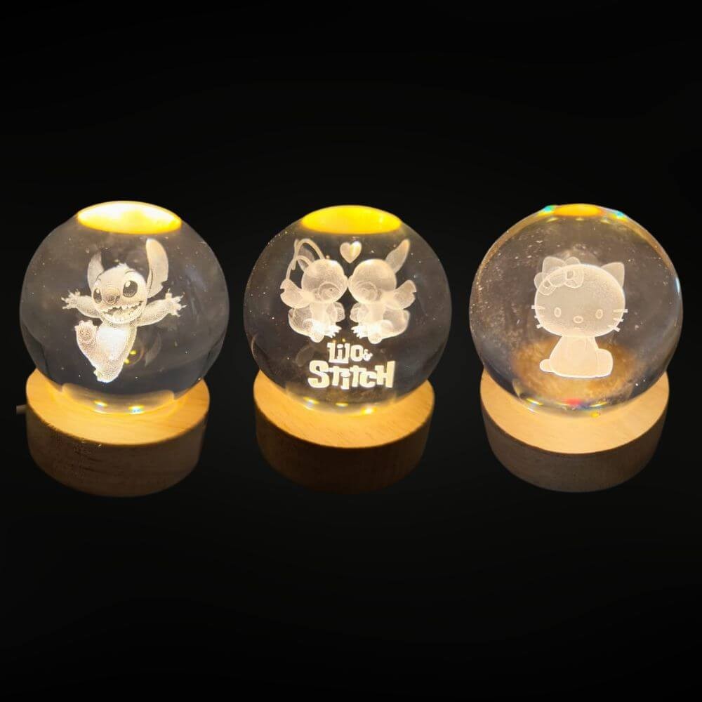 Luminária Esfera de Cristal - Stitch, Angel e Hello Kitty