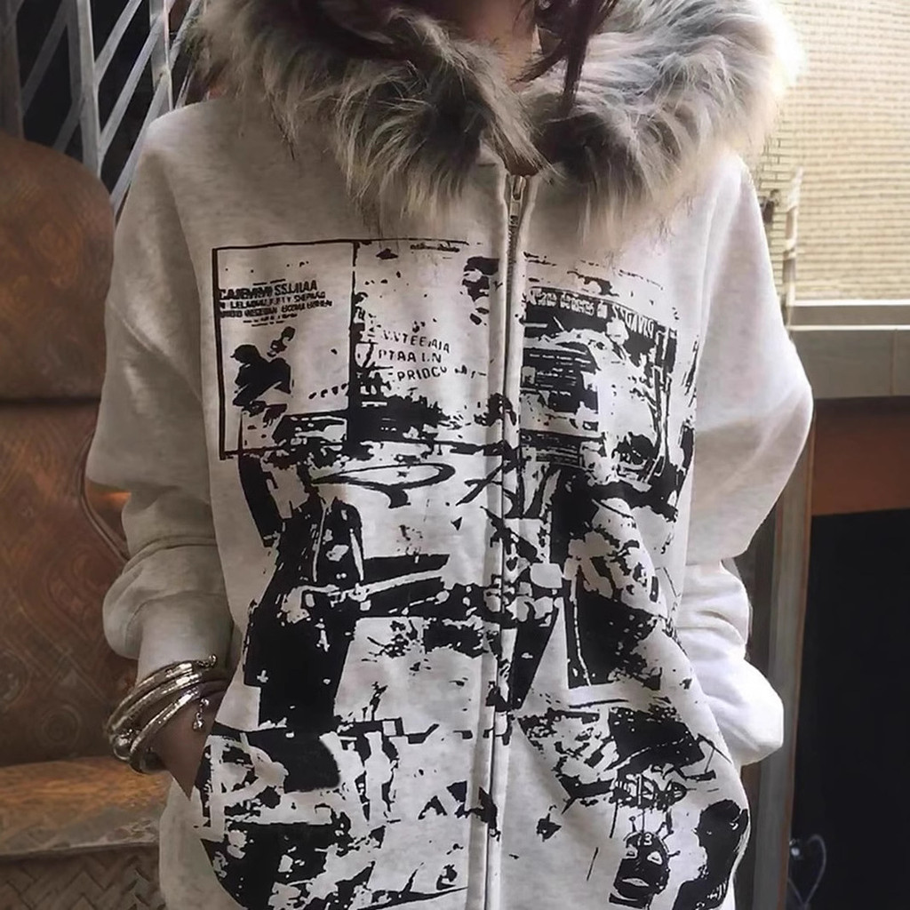 American Retro Y2k Millennium Fur Collar Zipper Jaqueta Com Capuz