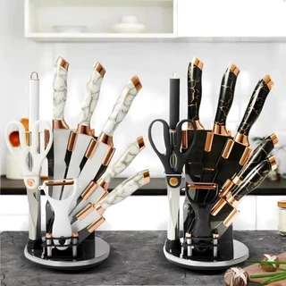Jogo De Facas 9 Peças Faqueiro Com Suporte Base Giratória em Aço Inox Profissional Conjunto de Facas Cozinha