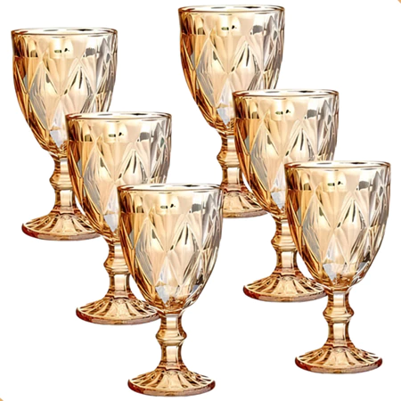 Jogo 6 taças diamond bico de jaca dourado azul verde furta cor fume água vinho 300ml