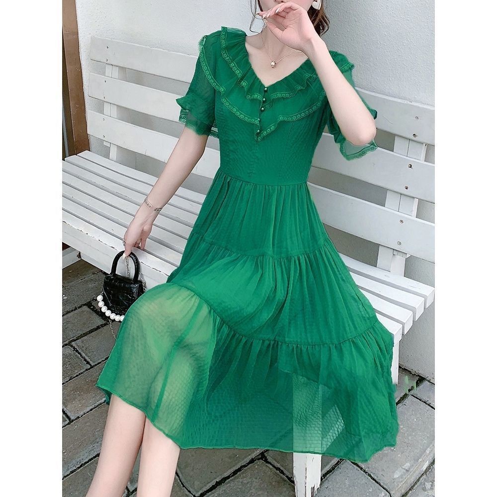 Vestidos estilo A-line de chiffon con escote en V y abertura Verde Oscuro
