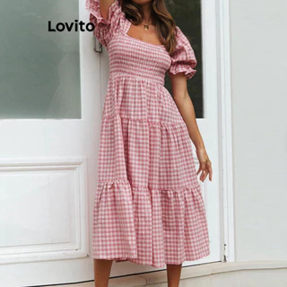 Lovito Casual Vestido Feminino Xadrez com Camada Escalonada LNL40066
