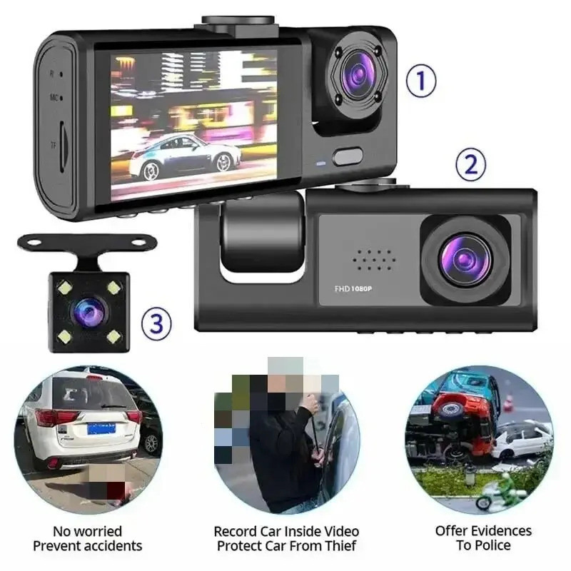 Carro De 3 Canais DVR HD 1080P Dentro Do Veículo Dash CamThree Way Camera Recorder Dashcam Camcorder