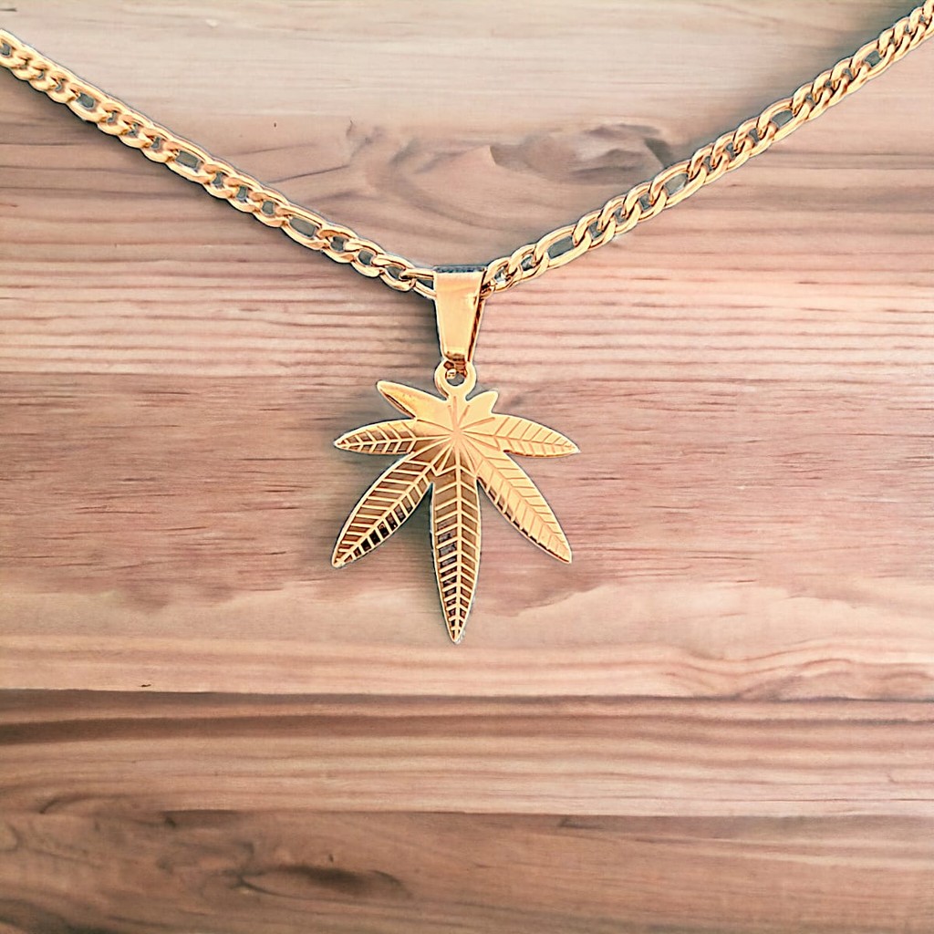 Corrente Aço Inox 316L e Pingente de Folha da Maconha em Aço Inox 316L Prateado e Banhado a Ouro 18K