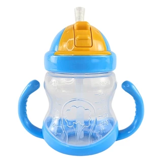 Copo Garrafinha Infantil Com Canudo Silicone 280Ml Azul Castela