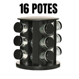 Porta Tempero Preto Giratorio Com 16 Potes Vidro